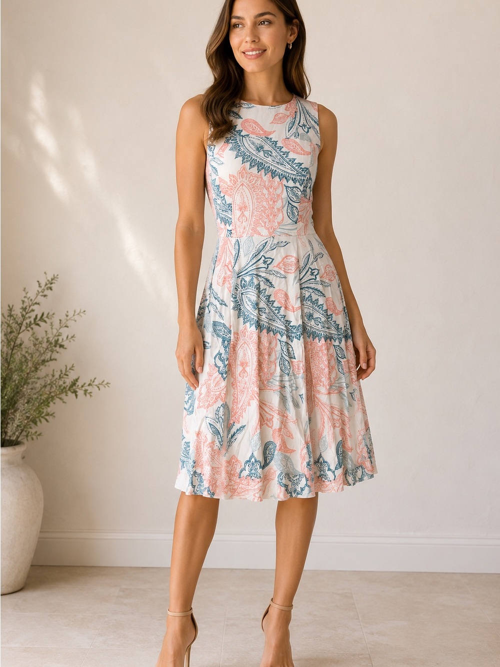 Shoshanna Silk Paisley Print Pleated Coral Blue Ivory Midi Dress size 6